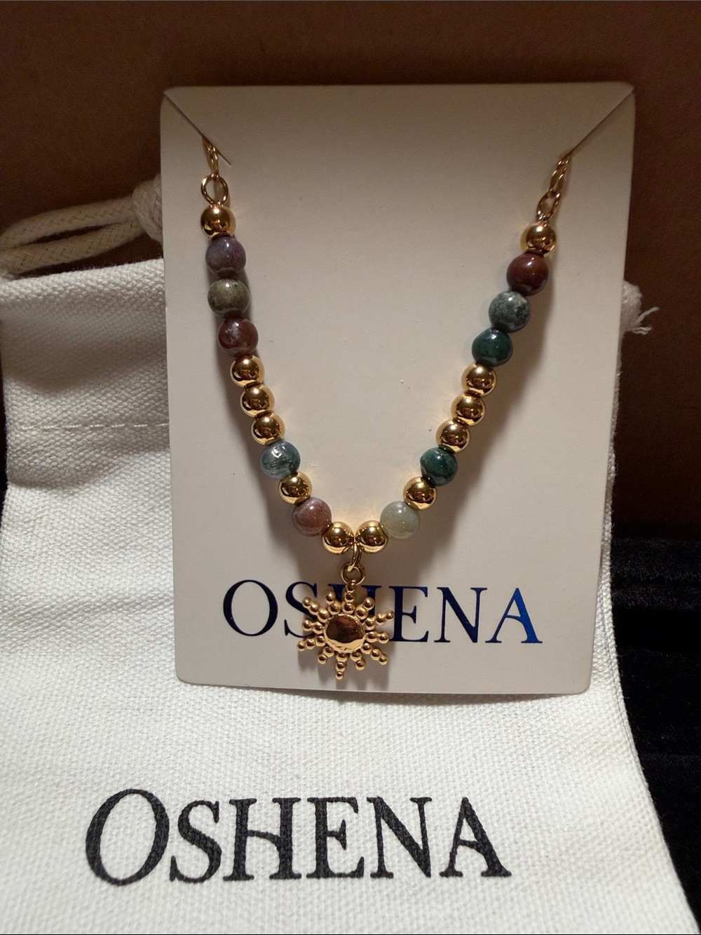 Oshena - Multicolor Moss Agate Beaded Sun Pendant Necklace - Gold